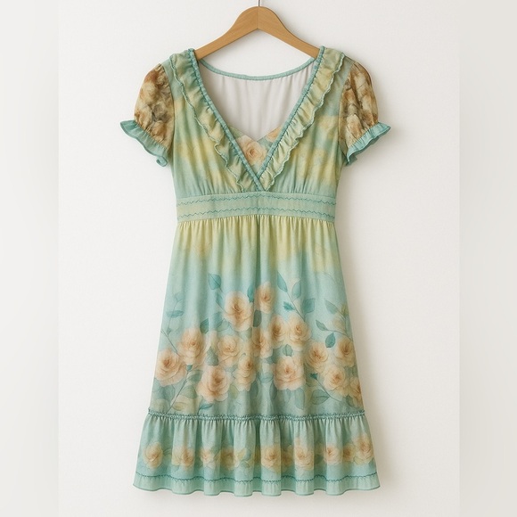 Vintage Annalise dress Mulberry silk ruffle detail bead puff sleeve fitted waist - Picture 5 of 6